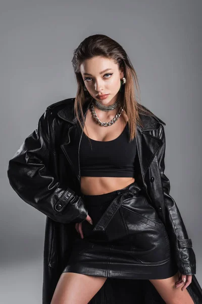 Fashionable Woman Black Leather Outfit Posing Hand Hip Isolated Grey — Photo