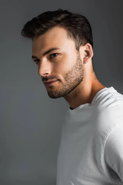 Portrait Brunette Man White Shirt Looking Away Isolated Grey — Foto Stock
