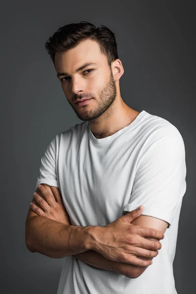 Young Brunette Man Shirt Crossing Arms Isolated Grey — Foto de Stock