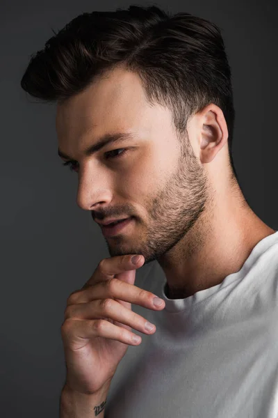 Bearded Man White Shirt Looking Away Isolated Grey — Foto de Stock