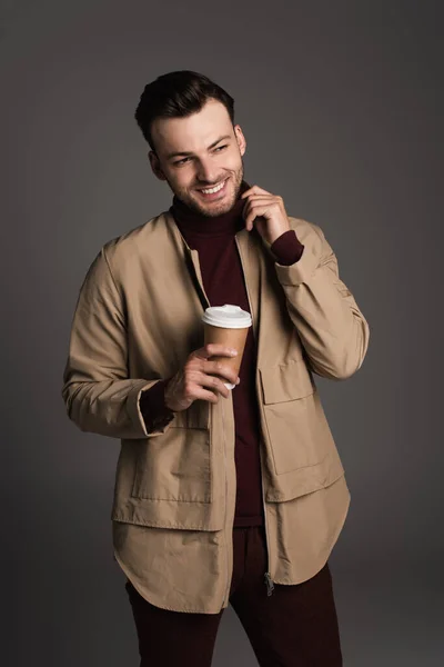 Cheerful Man Autumn Jacket Turtleneck Holding Coffee Isolated Grey — Foto de Stock