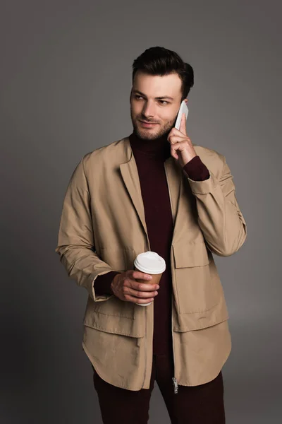 Bearded Man Autumn Outfit Talking Mobile Phone Holding Coffee Isolated — Stockfoto