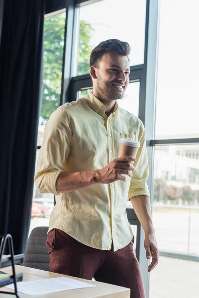 Cheerful Businessman Shirt Holding Takeaway Drink Office — Foto de Stock