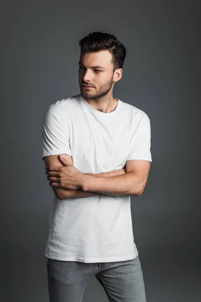 Young Man White Shirt Crossing Arms Isolated Grey —  Fotos de Stock