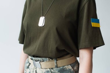 Cropped view of soldier with ukrainian flag on chevron and dog tags isolated on grey 