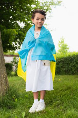 full length of patriotic child covered with ukrainian flag in park clipart