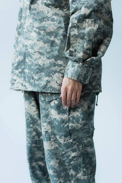 Cropped View Servicewoman Camouflage Uniform Standing Isolated Grey — стоковое фото