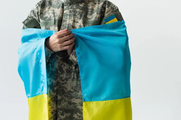 Cropped View Servicewoman Holding Blue Yellow Ukrainian Flag Isolated Grey — стоковое фото