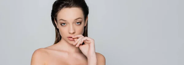 Portrait Young Woman Bare Shoulders Makeup Looking Camera Isolated Grey — Φωτογραφία Αρχείου