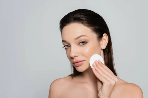 Young Woman Removing Makeup Soft Cotton Pad Isolated Grey — Stockfoto