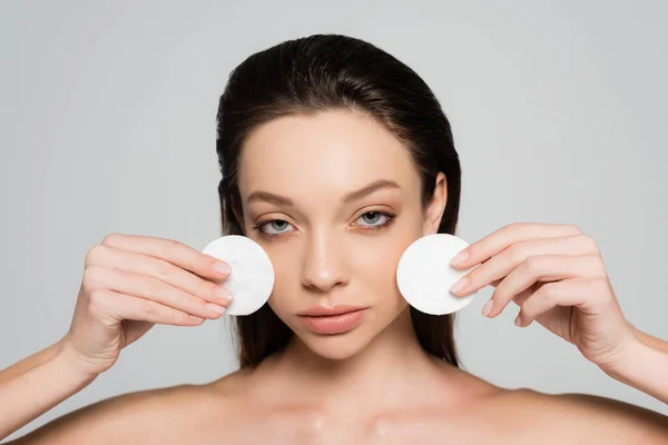 Young Woman Removing Makeup Cotton Pads Isolated Grey — 스톡 사진