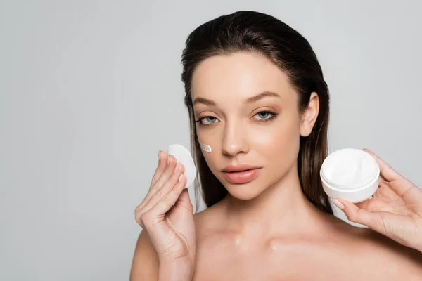 Young Woman Bare Shoulders Cream Face Holding Container Cotton Pad — Φωτογραφία Αρχείου