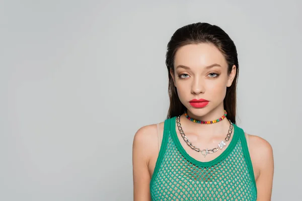 Young Stylish Model Red Lips Necklaces Posing Isolated Grey — Photo