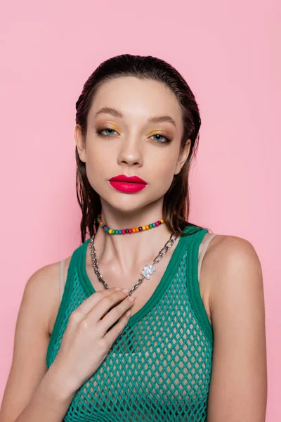 Young Brunette Woman Bright Makeup Touching Chain Necklace While Looking — Stockfoto