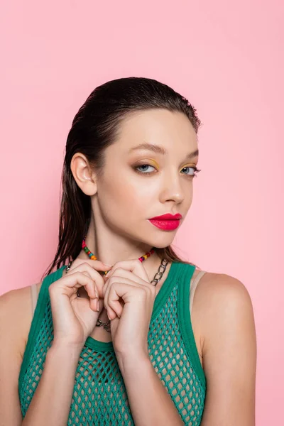 Brunette Young Woman Bright Makeup Posing Looking Camera Isolated Pink — стоковое фото