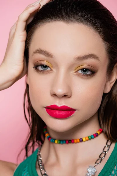 Close Model Bright Makeup Posing While Looking Camera Isolated Pink — Foto de Stock