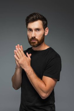 portrait of bearded man in black t-shirt looking at camera while posing isolated on grey