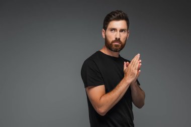 portrait of confident and bearded man in black t-shirt looking away isolated on grey