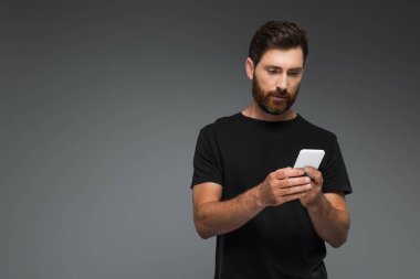 bearded man in black t-shirt using smartphone isolated on grey