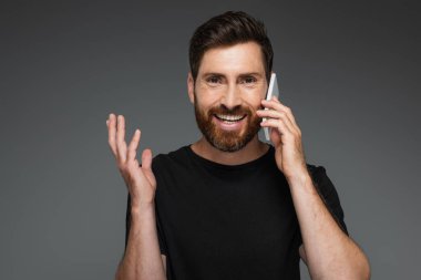 joyful man with beard talking on smartphone while gesturing isolated on grey