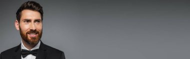 cheerful and bearded man in black tuxedo with bow tie isolated on grey, banner