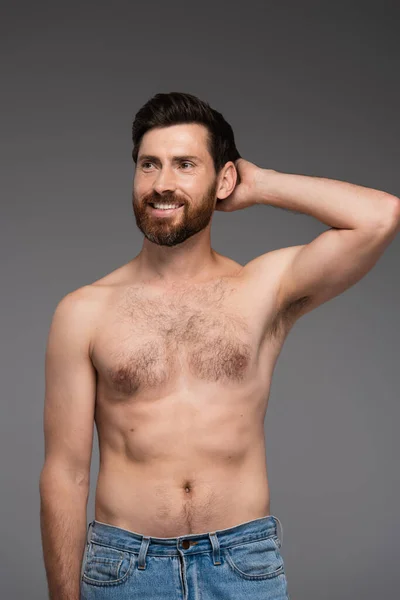 Shirtless Bearded Man Looking Away While Smiling Isolated Grey — Stock Photo, Image