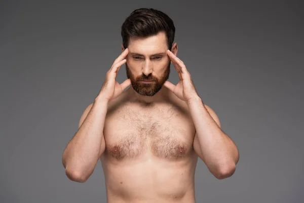 Shirtless Thoughtful Man Beard Touching Temples Isolated Grey — Stock Photo, Image