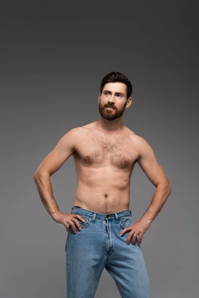 Shirtless Man Beard Posing Denim Jeans Smiling Isolated Grey — Foto Stock