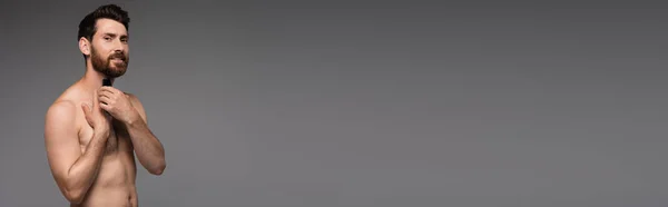 Бородатый Рубашки Человек Бритья Электрической Бритвой Изолированы Сером Баннер — стоковое фото