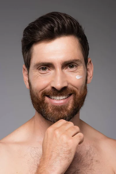 Portrait Smiling Bearded Man Cream Face Looking Camera Isolated Grey — Stok fotoğraf