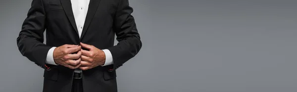 Cropped View Elegant Man Black Tuxedo Adjusting Blazer Isolated Grey — Stok fotoğraf