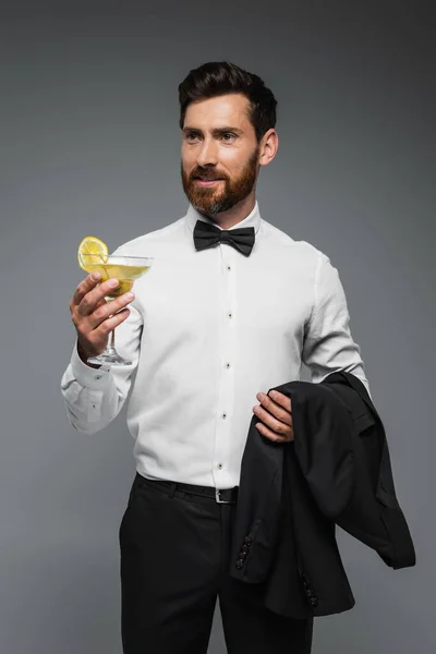 Bearded Man Tuxedo Bow Tie Holding Glass Cocktail Blazer Isolated — Zdjęcie stockowe