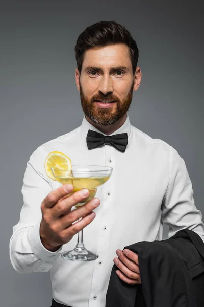 Happy Man Tuxedo Bow Tie Holding Glass Cocktail Blazer Isolated — Stockfoto