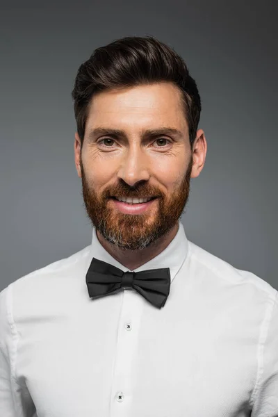 Portrait Bearded Man White Shirt Bow Tie Smiling Isolated Grey — Stok Foto