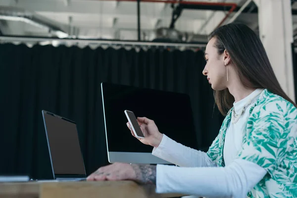 Side View Young Queer Designer Using Devices Creative Agency — Stockfoto