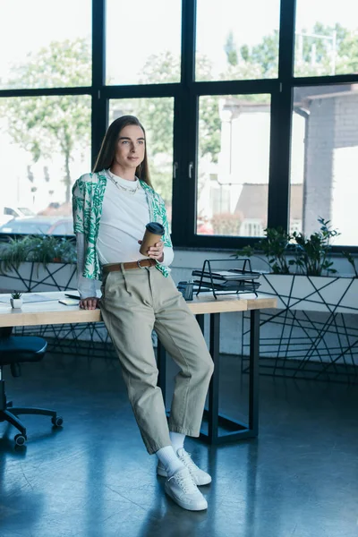 Young Queer Designer Holding Coffee Working Table Office — Stock Photo, Image