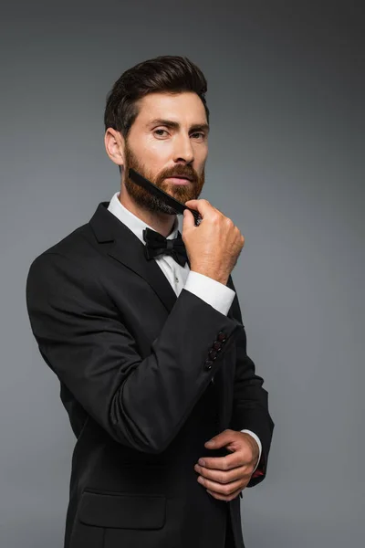 man in elegant suit brushing beard with comb isolated on grey