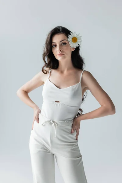 Woman White Clothes Chamomile Hair Standing Isolated Grey — Foto de Stock