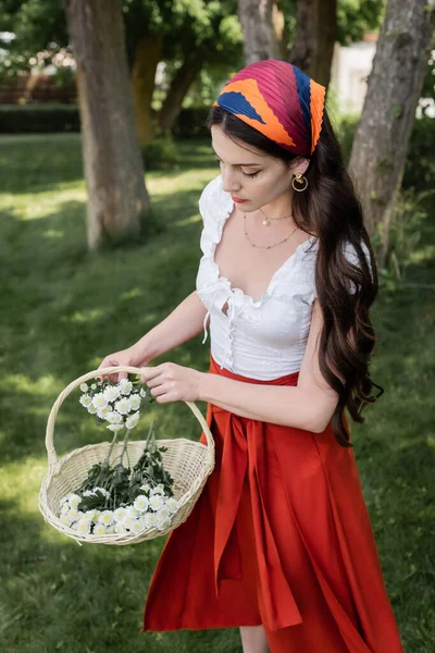 Stylish Brunette Woman Blouse Taking Daisies Wicker Basket Park — Foto de Stock