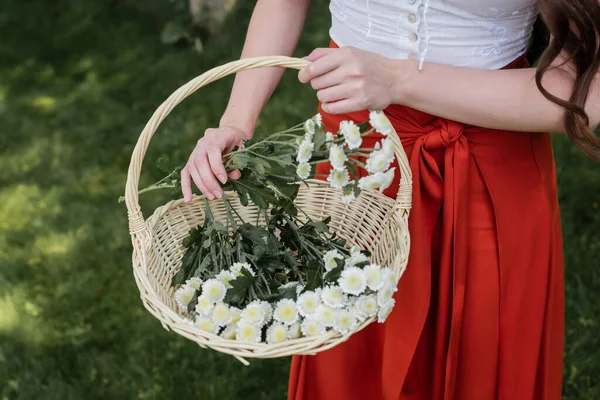 Cropped View Stylish Woman Taking Flowers Basket Park — Stock Photo, Image