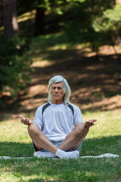 Full Length Senior Man Sitting Yoga Pose Meditating Fitness Mat — 图库照片