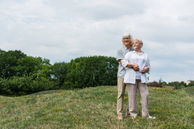 cheerful senior man in glasses hugging wife with grey hair and standing on green hill 