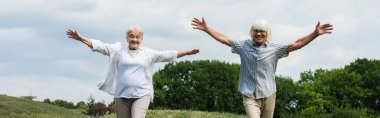 happy senior couple in glasses and shirts walking with outstretched hands, banner