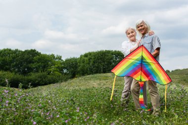 happy senior woman in casual clothes hugging husband in glasses standing with kite on green hill 