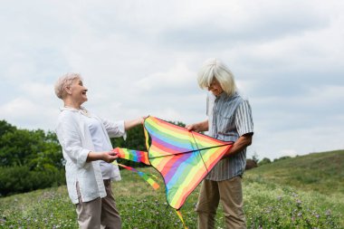 happy senior couple in casual clothes holding kite on green hill 
