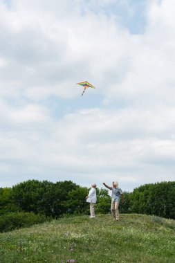 happy senior couple in casual clothes looking at flying kite in cloudy sky