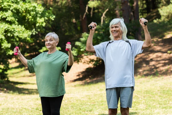 Cheerful Senior Couple Sportswear Exercising Dumbbells Green Park — Stock Photo, Image