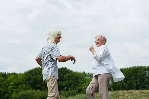 Happy Retired Couple Glasses Dancing Smiling — 图库照片