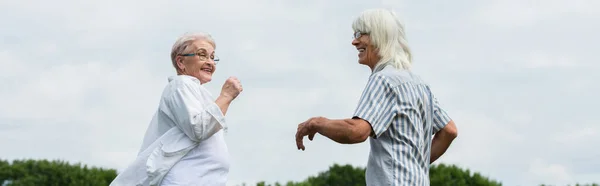 Happy Retired Couple Glasses Smiling Dancing Banner — ストック写真