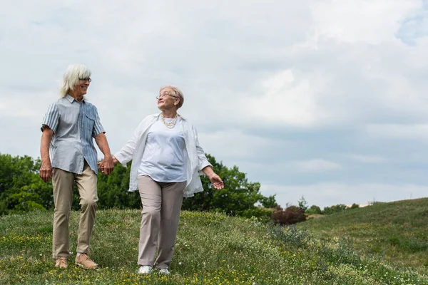 Full Length Happy Senior Couple Glasses Holding Hands Walking Green — Fotografia de Stock